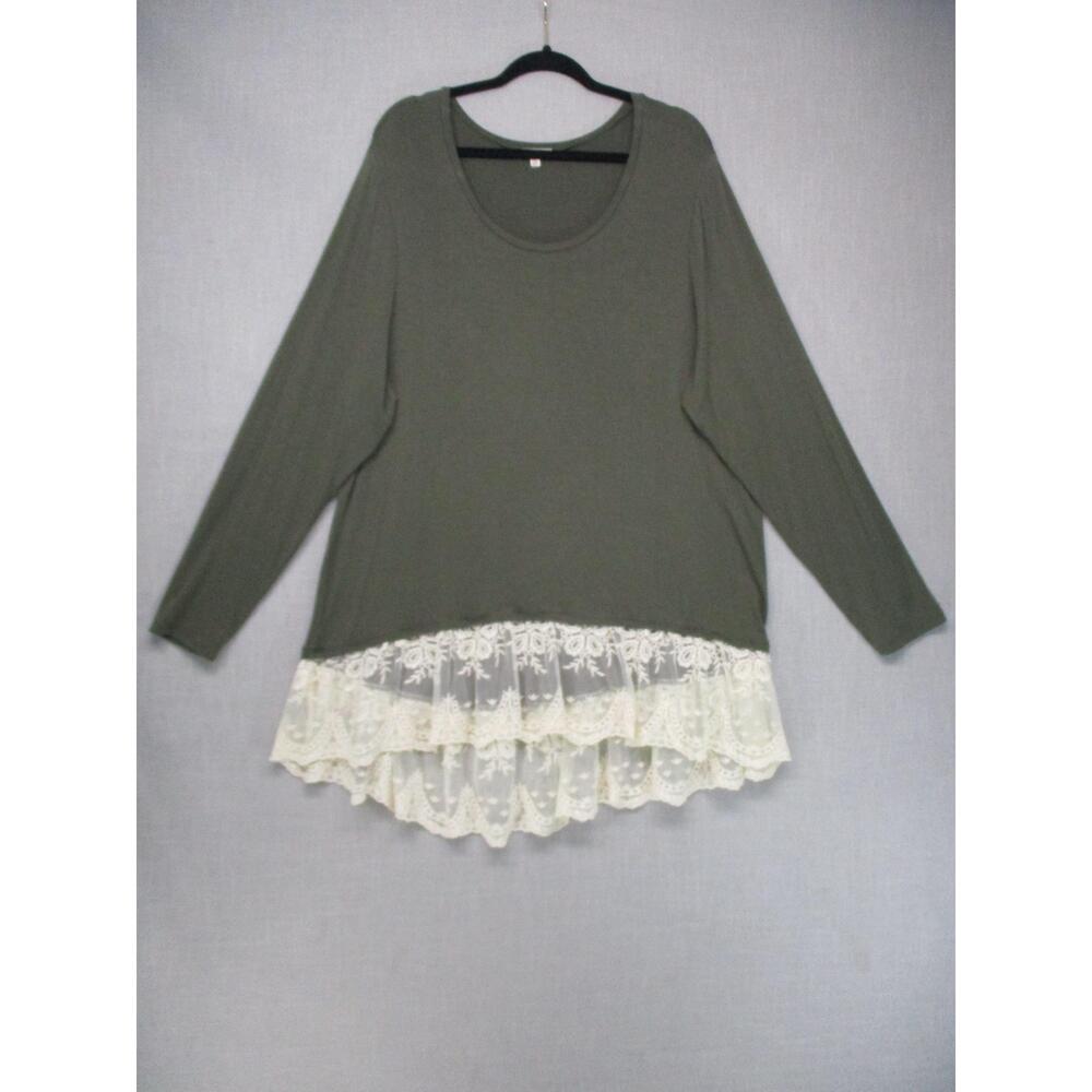 Paper Tee Black Romantic‎ Layered Lace Hem Round Neck Long Sleeve Top Size 3X